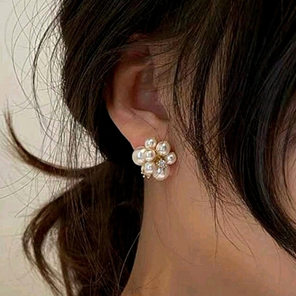 Faux Pearl Cluster CZ Gold Stud Earrings Floral Statement; Bridal; Wedding; NWOT